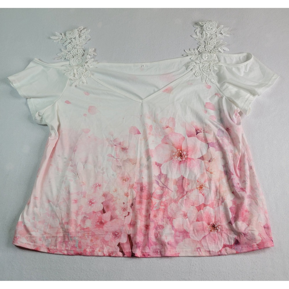 Pink Cherry‎ Blossom Floral Cold Shoulder Top Lace Strap V-Neck 5XL